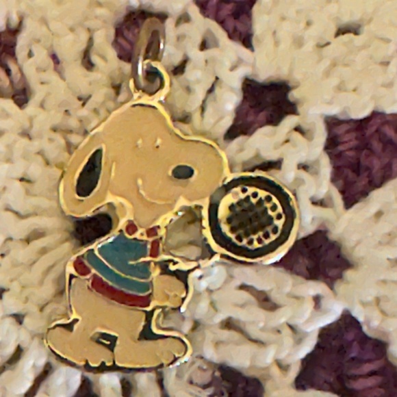 Snoopy Dog Charm Jewelry - Vintage Gold-tone Snoopy Playing Tennis Charm